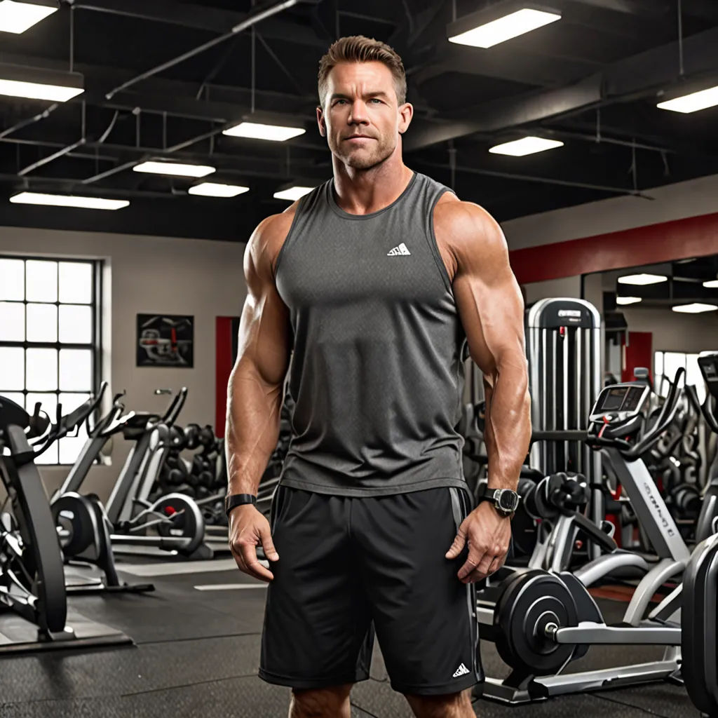 a man standing in a gym with a lot of machines behind him and a lot of windows behind him, assemblage, a character portrait, Brad Holland, mitchell mohrhauser