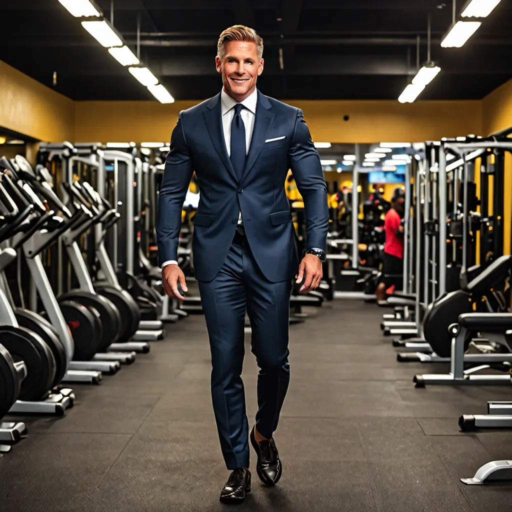 a man in a suit walks through a gym with rows of treadmills and machines behind him,, private press, a stock photo, Dan Scott, full body portrait