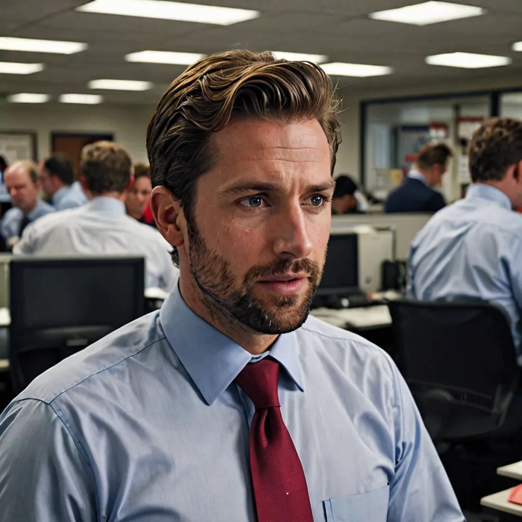 a man in a tie is sitting in an office cubicle with other people working on computers and talking on the phone, institutional critique, a character portrait, Chris Spollen, promotional image