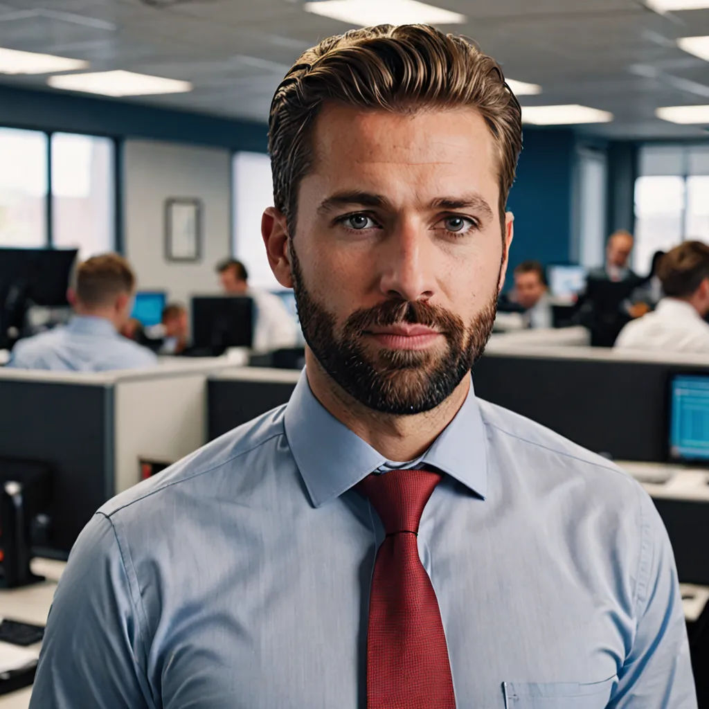 a man in a tie and shirt in an office setting with people working on computers in the background and a man with a beard, arbeitsrat für kunst, a stock photo, Adam Pijnacker, professional