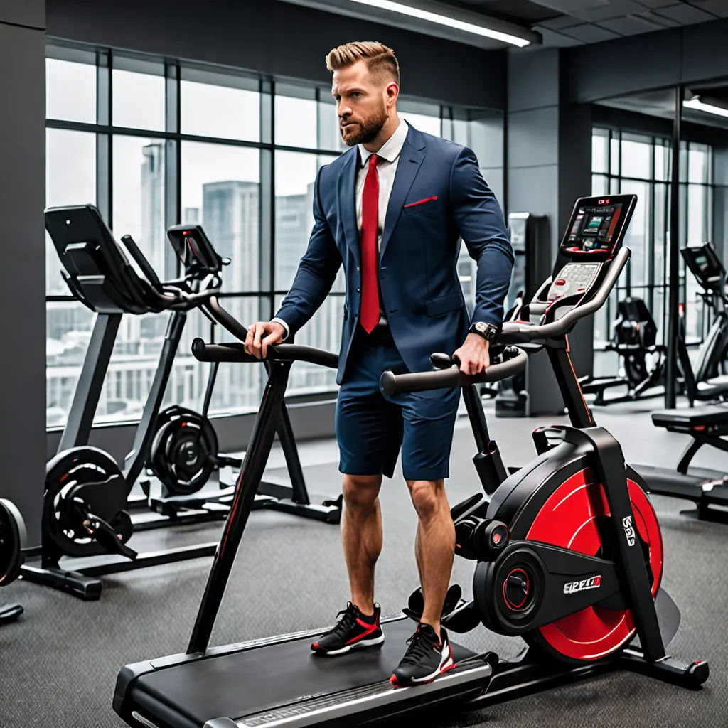 a man in a suit is on a stationary bike in a gym with a view of the city through the windows, private press, a stock photo, Daren Bader, professional