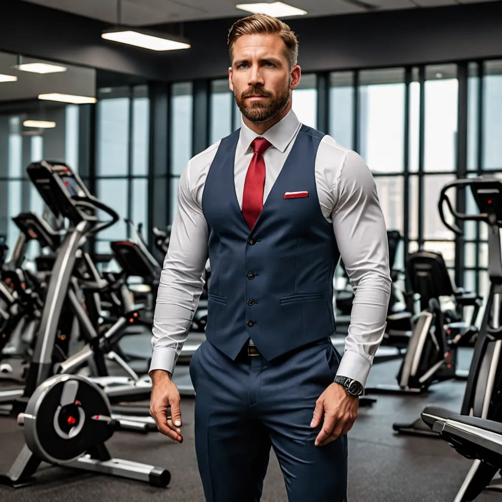 a man in a suit and tie standing in a gym with a row of exercise machines behind him and a window, private press, a stock photo, Christian Hilfgott Brand, masculine