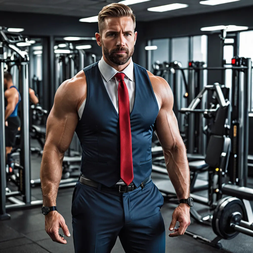 a man in a suit and tie standing in a gym with a barbell in the background and a row of exercise machines, private press, a stock photo, Daren Bader, masculine