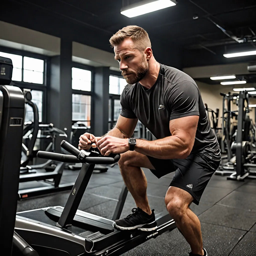 a man is doing a cardio bike exercise in a gym with a machine in front of him and a row of treadmills behind him, cobra, a stock photo, Daren Bader, hard focus
