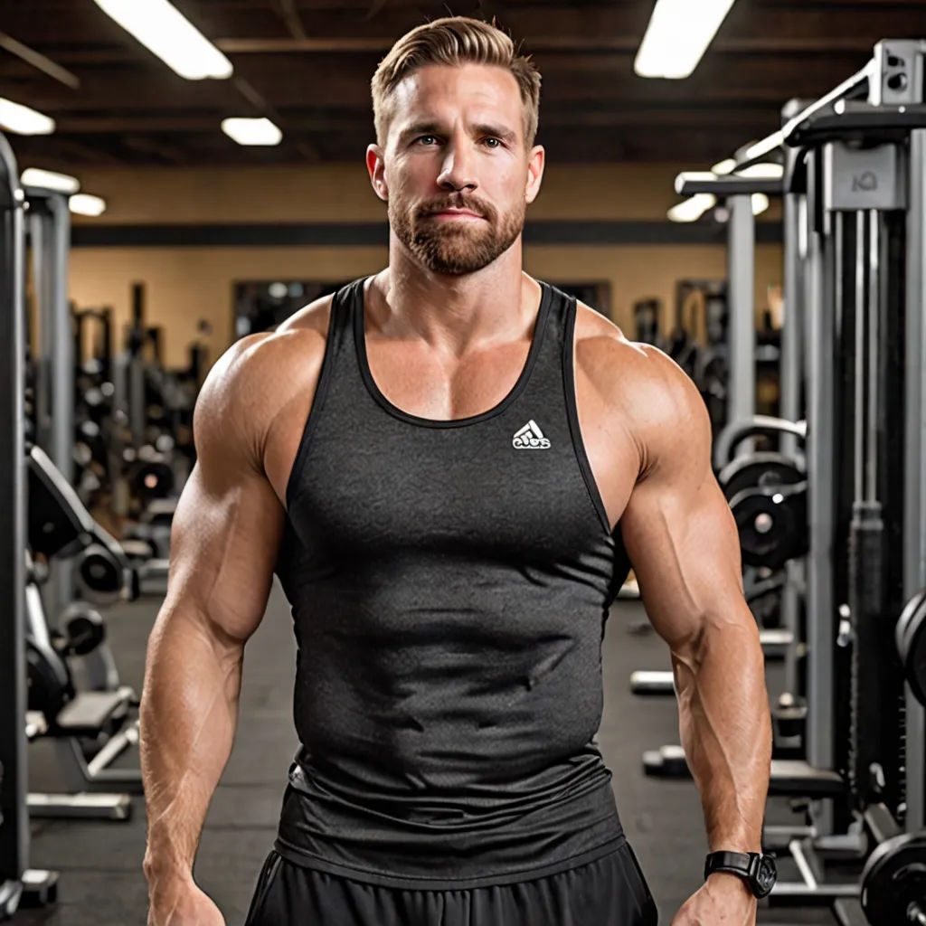 a man in a gym with a beard and no shirt on, standing in front of a row of gym equipment, superflat, a character portrait, Daren Bader, mitchell mohrhauser