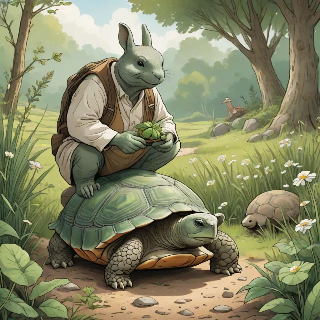 a man in a bunny suit is sitting on a turtle and holding a potted plant in his lap, fantasy art, a storybook illustration, Ed Binkley, storybook illustration