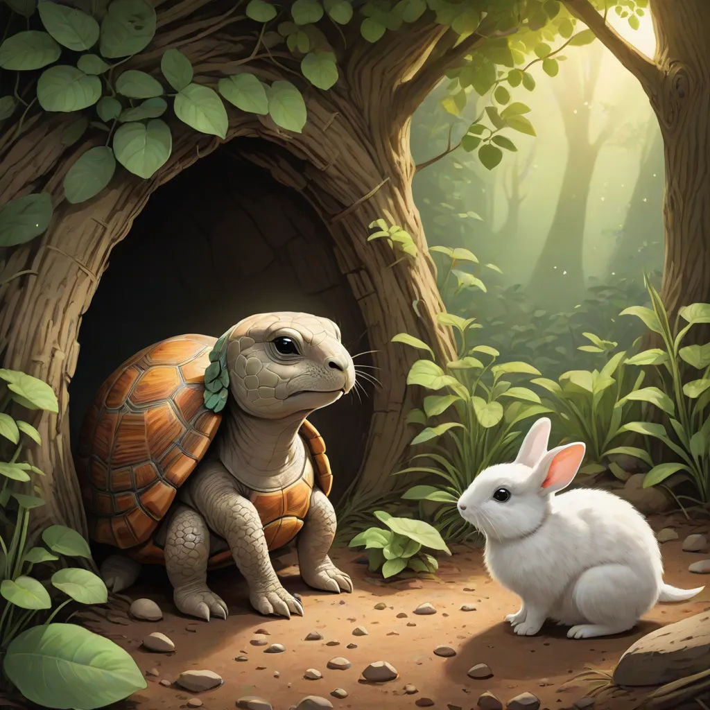 a rabbit and turtle in a forest with a tunnel in the ground and a tortoise in the foreground, fantasy art, a storybook illustration, Chris LaBrooy, storybook illustration