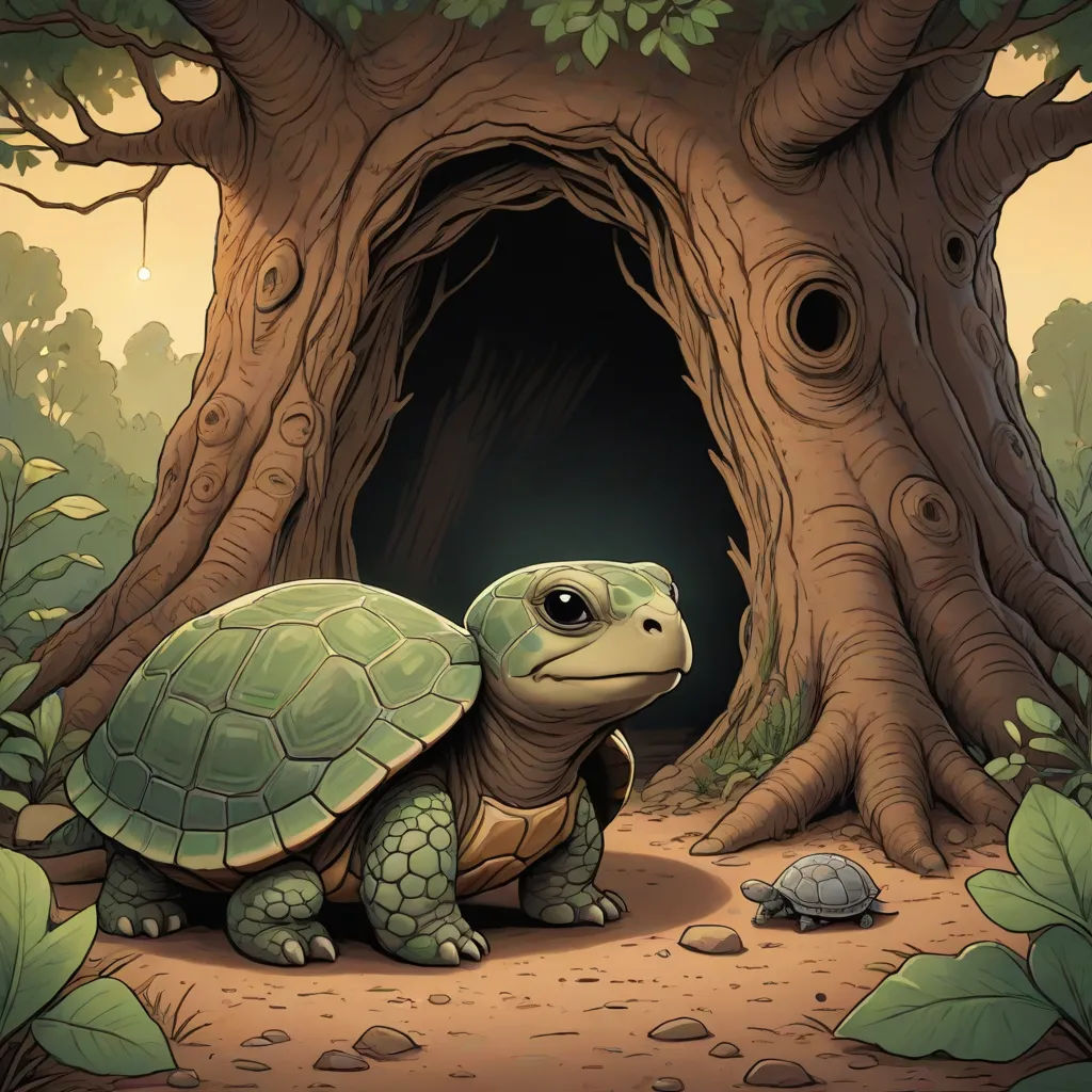 a turtle is sitting in the middle of a tree tunnel with a light shining on it's head, fantasy art, a storybook illustration, Chris LaBrooy, storybook illustration