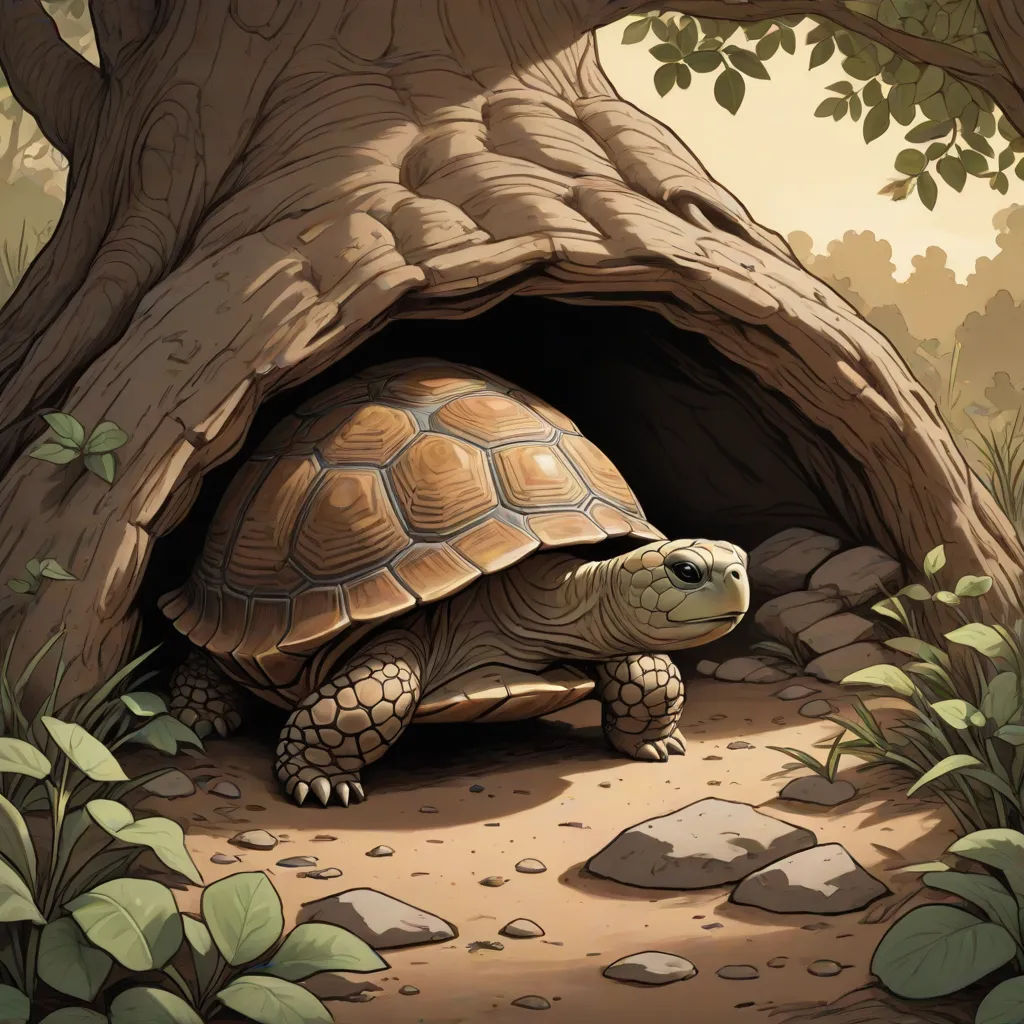 a tortoise is hiding in a hollow in the forest illustration by john wyee, a painting of a tortoise, fantasy art, a storybook illustration, Chris LaBrooy, storybook illustration