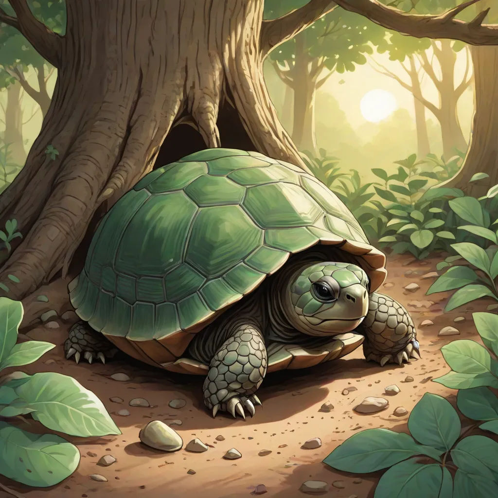 a turtle is sitting on the ground in the forest with leaves and a tree in the background, with the sun shining through the trees, fantasy art, a storybook illustration, Chris LaBrooy, magic the gathering artwork