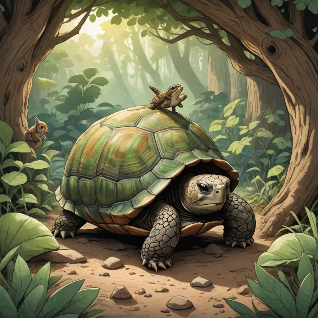 a turtle and a bird are sitting on top of it's shell in the forest, surrounded by trees, fantasy art, a storybook illustration, Chris LaBrooy, storybook illustration