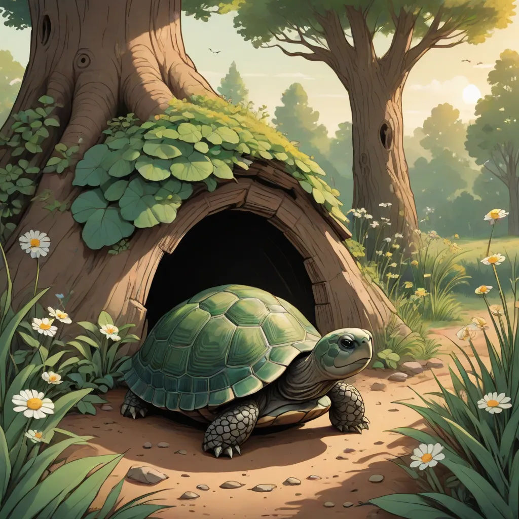 a turtle is walking out of a cave in the woods with daisies and trees around it, with a sun shining on the ground, fantasy art, a storybook illustration, Chris LaBrooy, storybook illustration