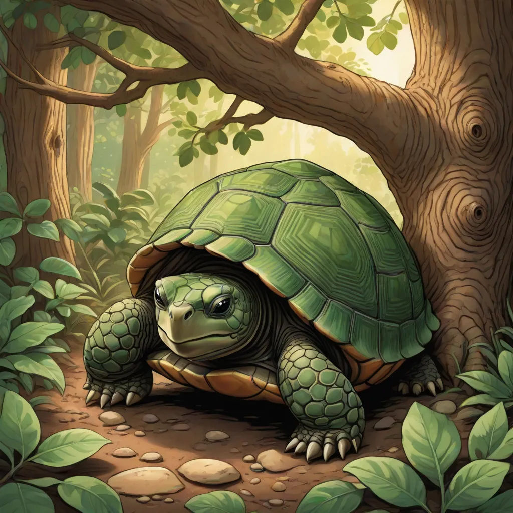 a turtle is hiding under a tree in the forest with leaves and rocks on the ground and a tree in the background, fantasy art, a storybook illustration, Chris LaBrooy, storybook illustration