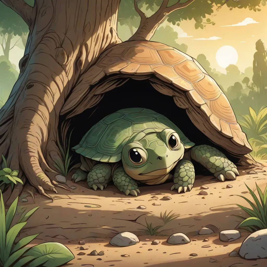 a turtle is hiding in a tree in the forest with a sun in the background and a tree trunk, fantasy art, a storybook illustration, Chris LaBrooy, storybook illustration