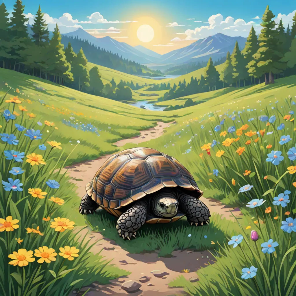 a painting of a turtle on a path in a field of flowers and trees with a mountain in the background, sots art, a storybook illustration, Chris LaBrooy, official art