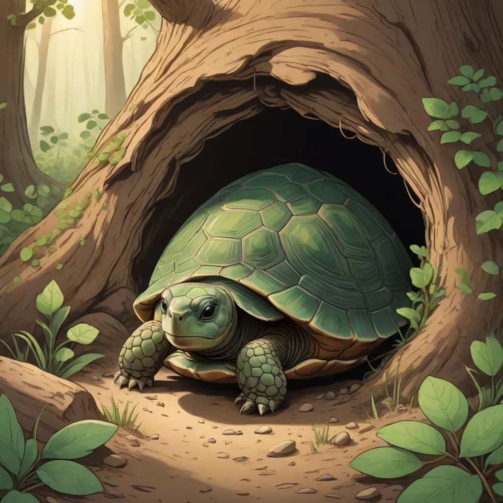 a turtle is sitting in a hole in the ground near a tree and leaves on the ground, and a tree trunk is in the background, fantasy art, a storybook illustration, Chris LaBrooy, storybook illustration