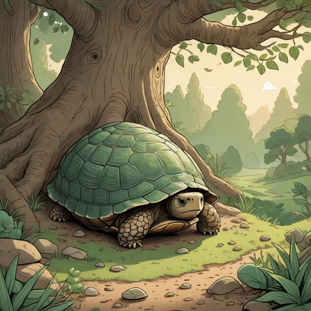a turtle is hiding under a tree in the forest by itself, with a path leading to it and a path leading to the tree, fantasy art, a storybook illustration, Chris LaBrooy, storybook illustration