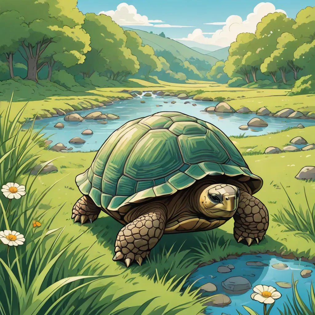 a turtle is walking through the grass near a river and flowers in the background of the picture is a cartoon style, environmental art, a storybook illustration, Chris LaBrooy, storybook illustration