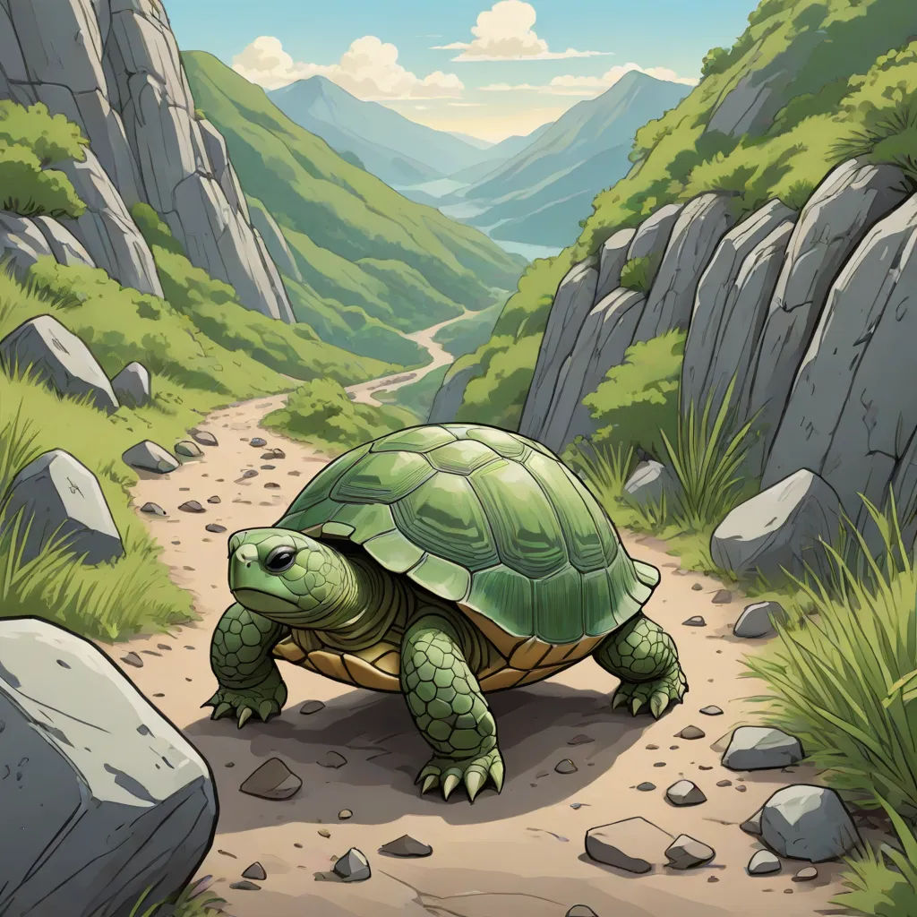 a cartoon turtle walking on a path in a mountain valley with a view of a valley and mountains in the distance, sots art, a storybook illustration, Brom, magic the gathering artwork