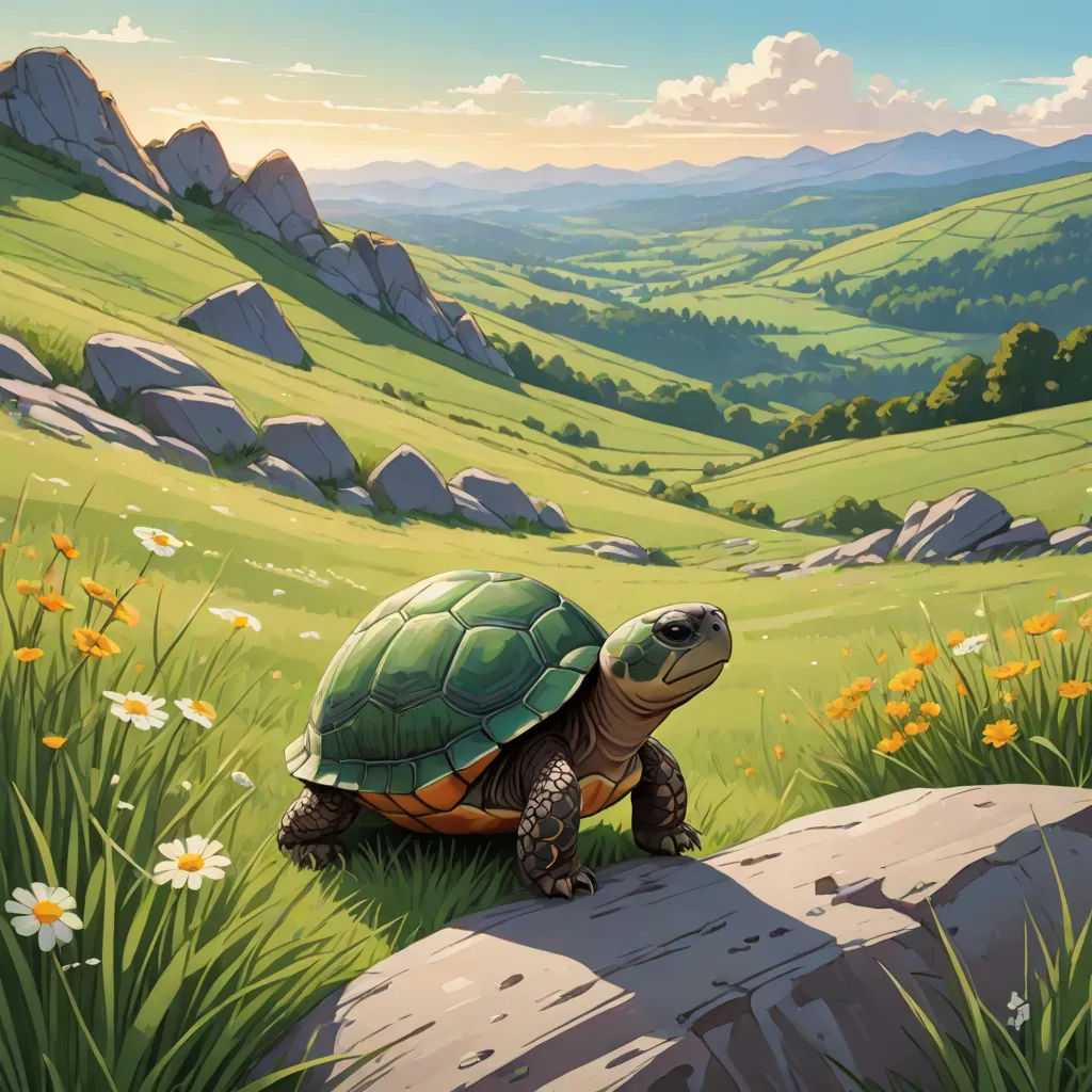 a turtle sitting on a rock in a field of flowers and grass with mountains in the background and a sky with clouds, american scene painting, a storybook illustration, Chris LaBrooy, official art