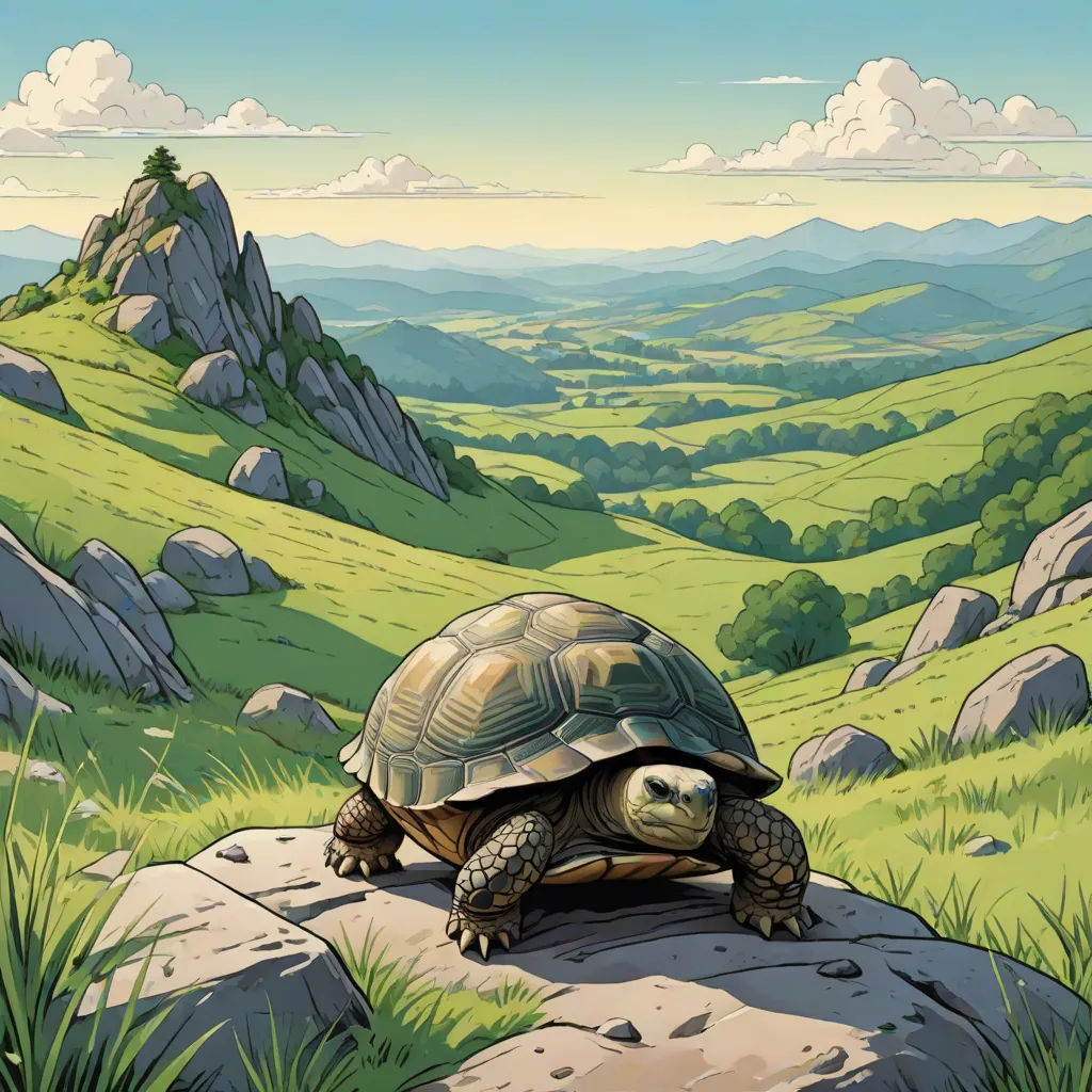 a turtle is sitting on a rock in the grass and mountains with a sky background and clouds in the sky, fantasy art, a storybook illustration, Chris LaBrooy, storybook illustration
