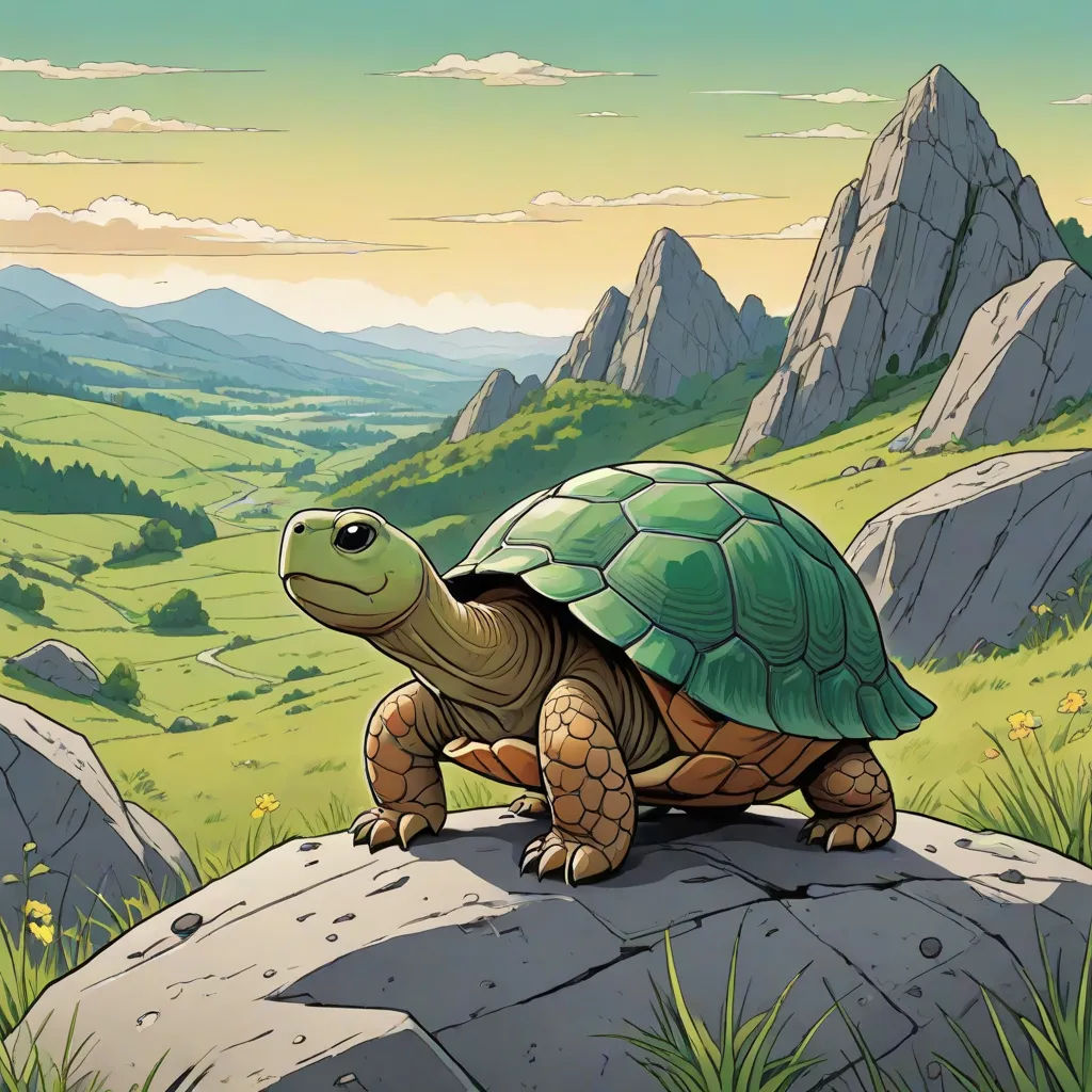 a turtle sitting on top of a rock in a field of grass and rocks with mountains in the background, fantasy art, a storybook illustration, Chris LaBrooy, storybook illustration