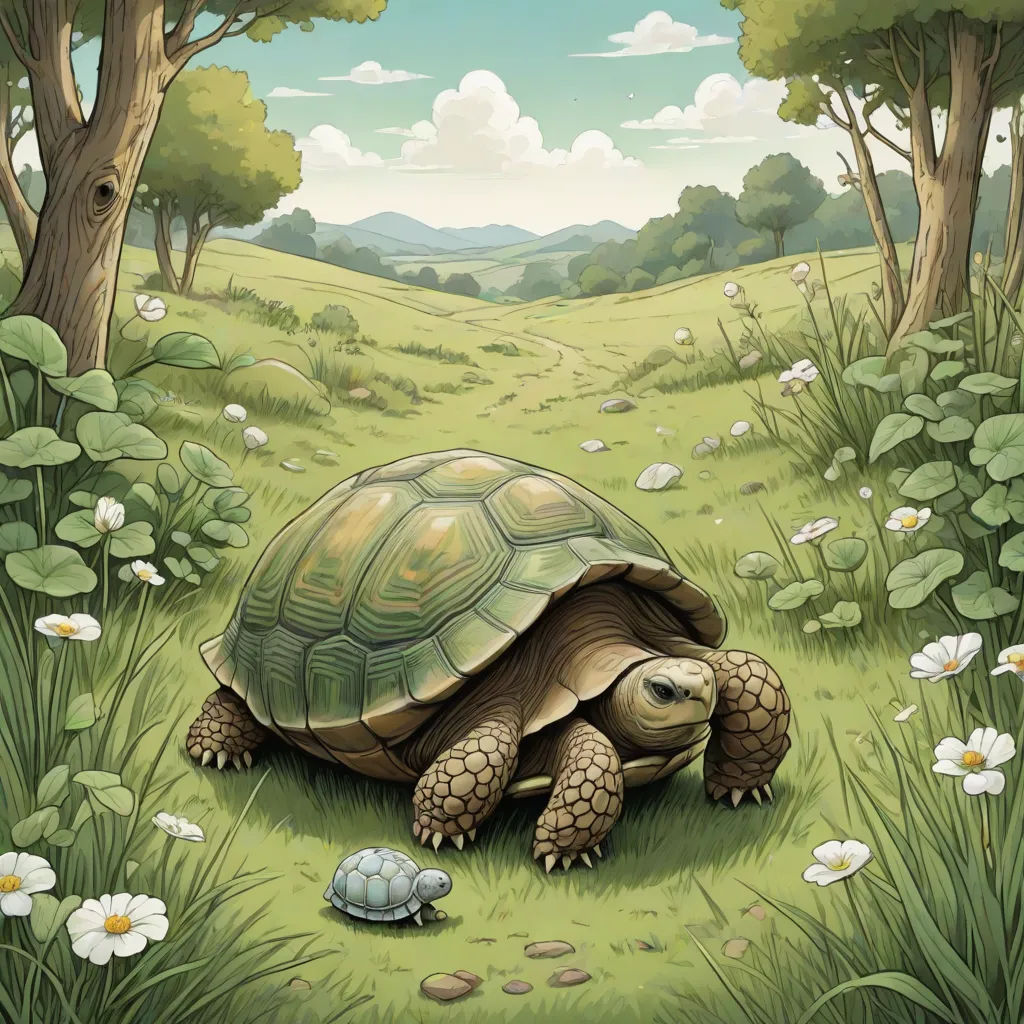 a turtle and a turtleling are in the grass near trees and flowers, with a sky background and clouds, massurrealism, a storybook illustration, Chris LaBrooy, storybook illustration