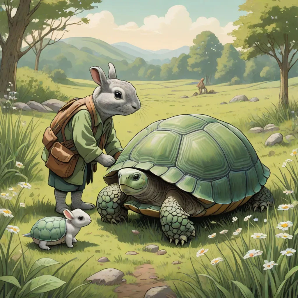 a rabbit is standing next to a turtle in the grass and another turtle is standing next to it on the ground, fantasy art, a storybook illustration, Chris LaBrooy, storybook illustration
