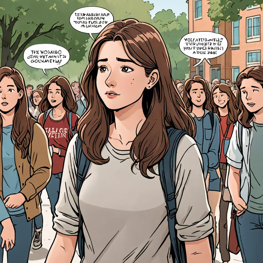 a cartoon of a woman with a backpack and a group of people behind her, with a comic bubble above her, academic art, a comic book panel, David Park, graphic novel