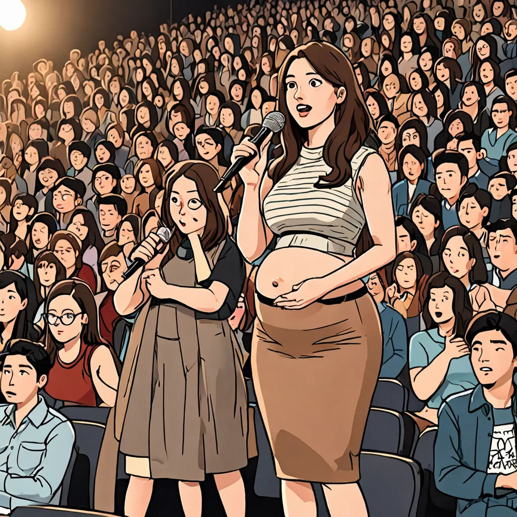 a woman standing in front of a crowd of people holding a microphone in her hand and a microphone in her other hand, feminist art, a comic book panel, Asaf Hanuka, graphic novel