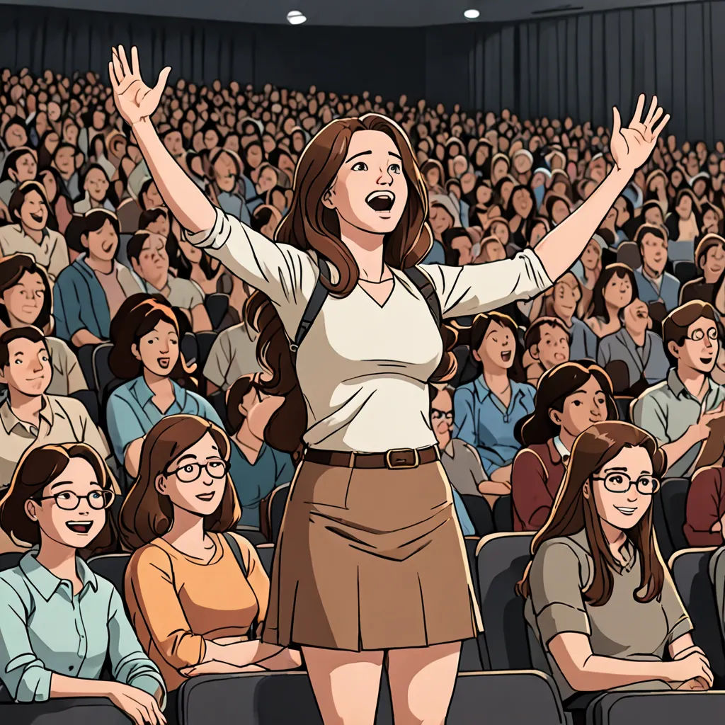 a woman standing in front of a crowd of people in a lecture hall with her arms up in the air, socialist realism, a comic book panel, Asaf Hanuka, official art