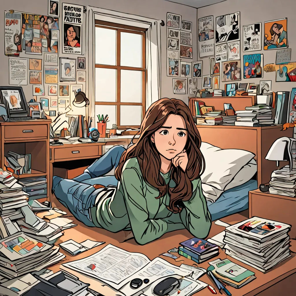 a girl sitting on a bed in a messy room with a lot of books and magazines on the floor, academic art, a comic book panel, Asaf Hanuka, comic book