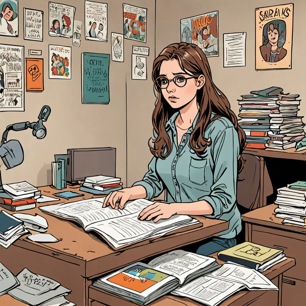 a woman sitting at a desk with a book and a lamp on it, in front of a desk with books and a microphone, academic art, a comic book panel, Asaf Hanuka, comic book
