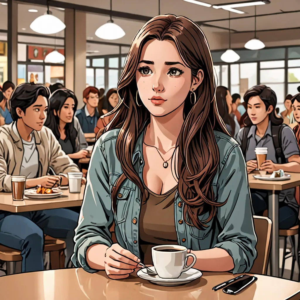 a woman sitting at a table with a cup of coffee in front of her and a cell phone in front of her, remodernism, a comic book panel, Artgerm, high detail illustration