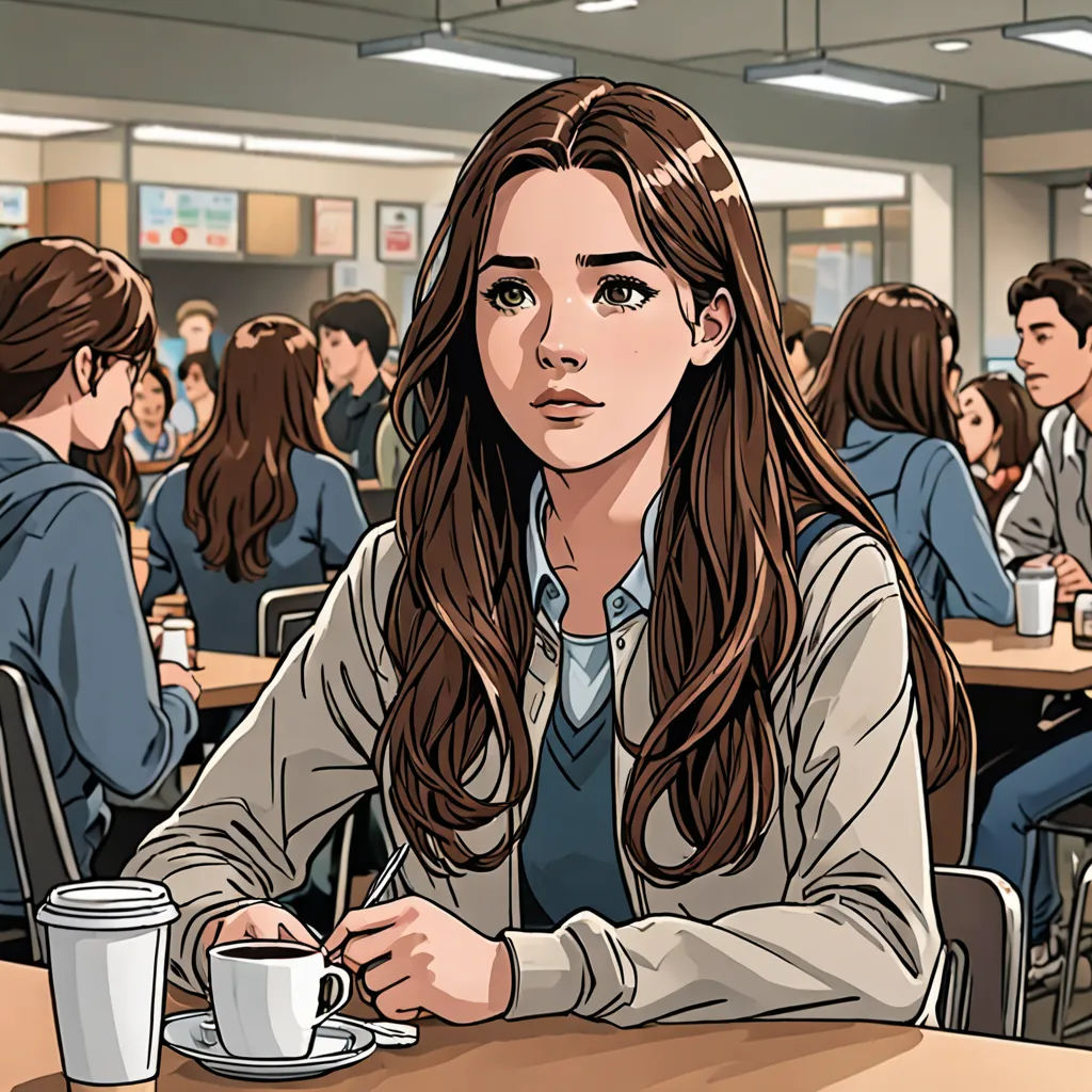 a woman sitting at a table with a cup of coffee in front of her and a man in the background, paris school, a comic book panel, Choi Buk, graphic novel