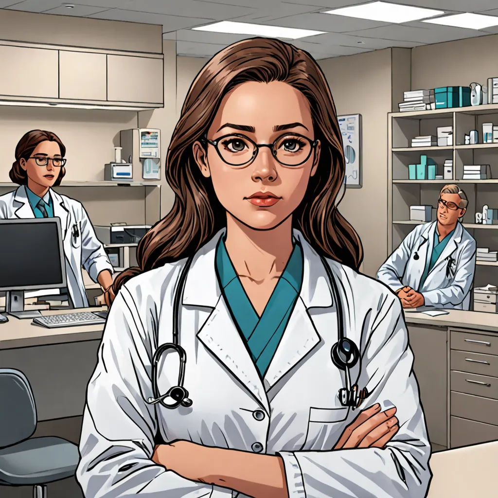a woman in a white lab coat standing in front of a computer desk with two doctors in the background, sots art, a comic book panel, Doc Hammer, comic cover art