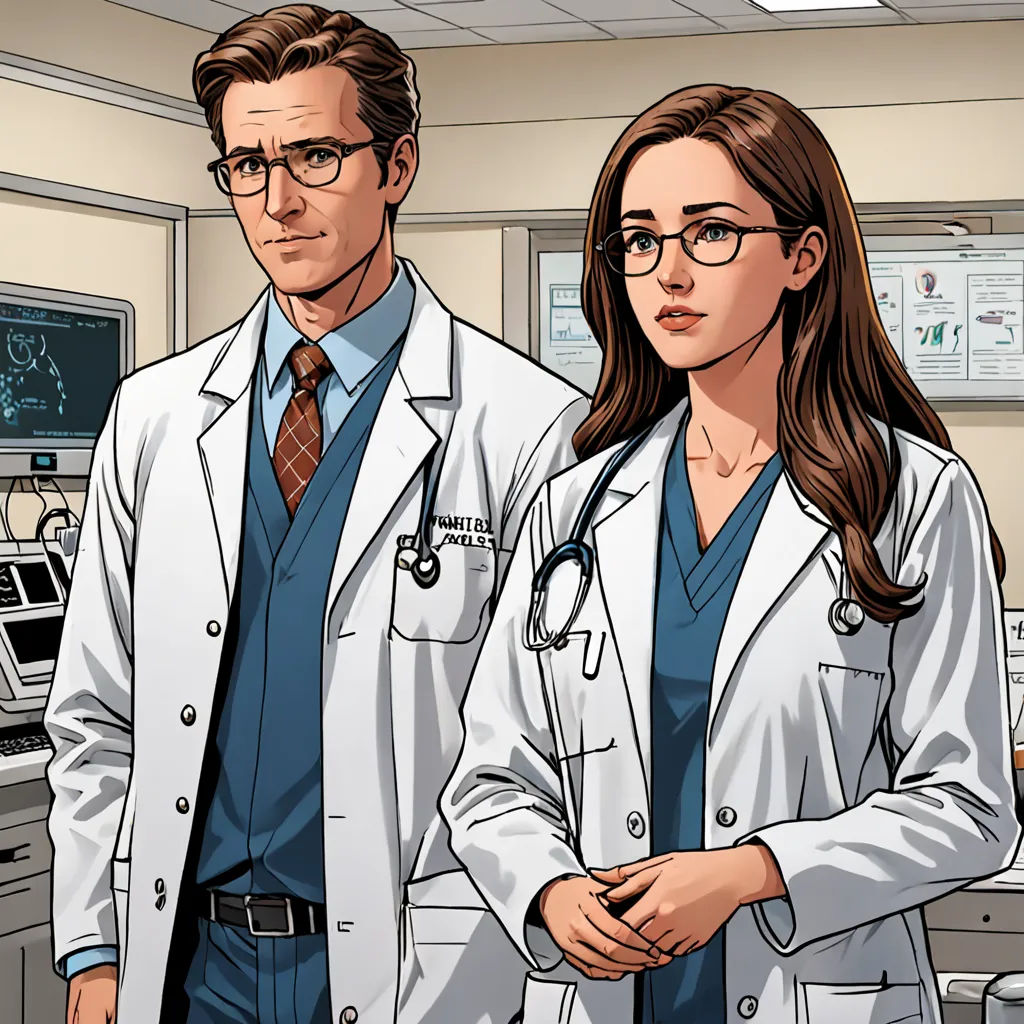 a man and a woman in a lab coat standing next to each other in front of a monitor screen, american scene painting, a comic book panel, Doc Hammer, official art