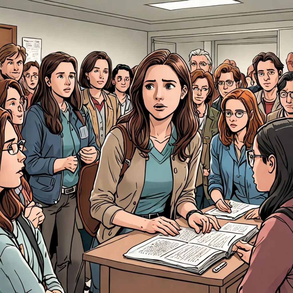 a woman is sitting at a desk in front of a group of people who are standing around her and looking at a paper, academic art, a comic book panel, Clark Voorhees, graphic novel