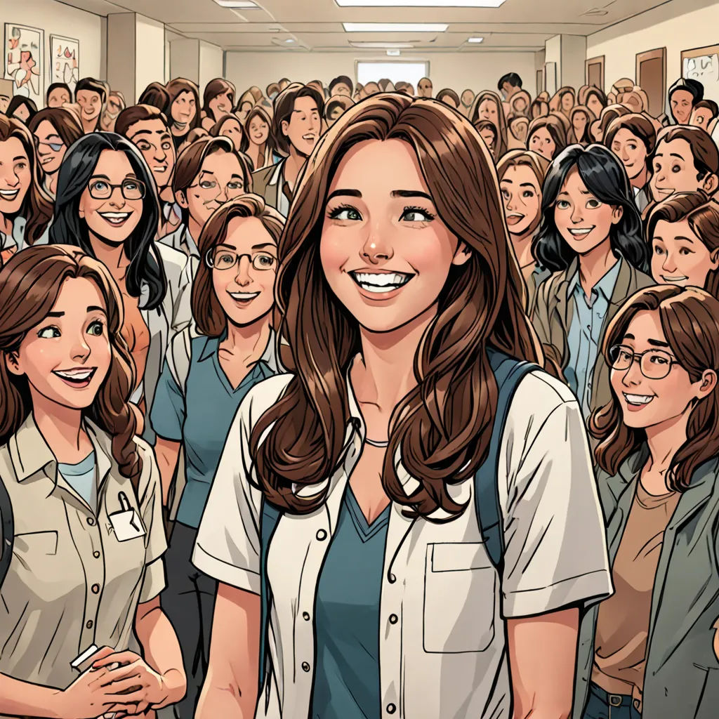 a woman standing in front of a crowd of people in a room with a white ceiling and a white light, academic art, a comic book panel, Artgerm, comic cover art