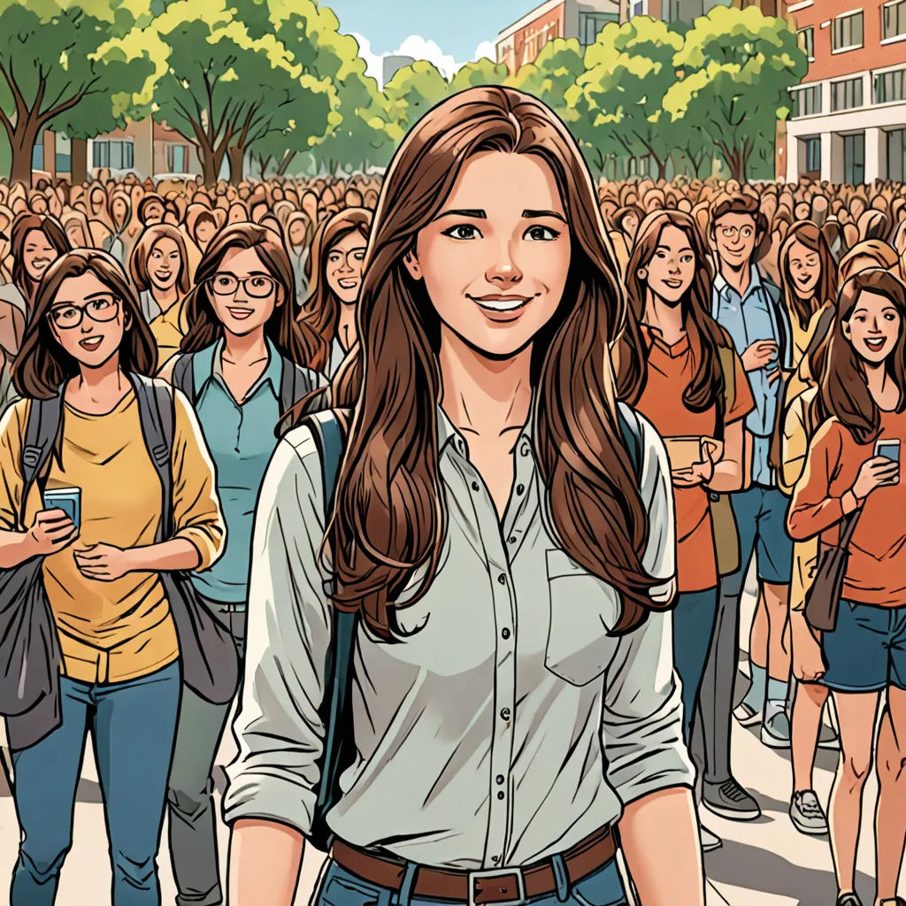 a woman standing in front of a crowd of people with a cell phone in her hand and a crowd of people behind her, les automatistes, a comic book panel, Asaf Hanuka, graphic novel