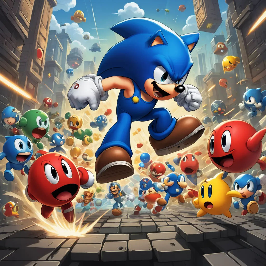 a cartoon character is running through a city with many other characters in the background and a video game character in the foreground, sots art, concept art, Chris LaBrooy, official art