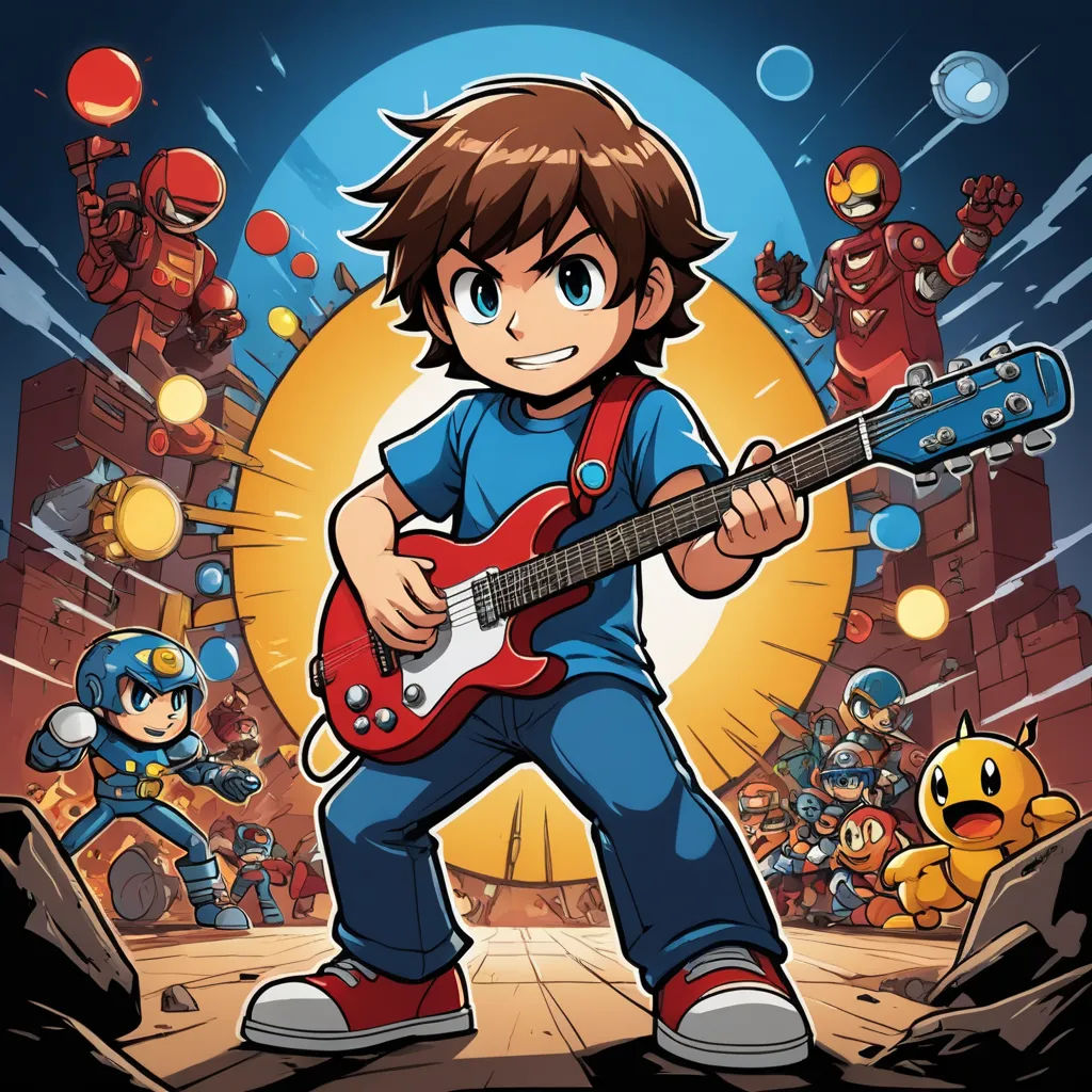 a boy playing a guitar in front of a crowd of people with mario and mario bros characters in the background, sots art, pixel art, Adam Manyoki, 2 d game art