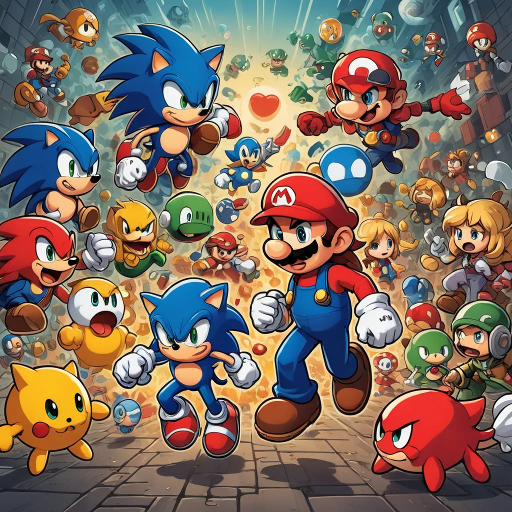 a bunch of mario and sonic characters in a cartoon style scene with a lot of other characters in the background, sots art, concept art, Dan Mumford, official art
