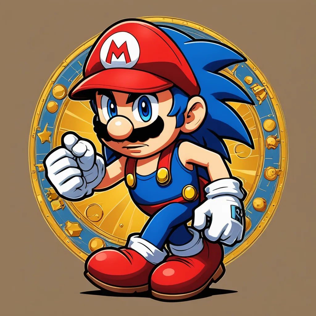 a cartoon character with a mustache and a mustache on his head, sitting in front of a circle with gold coins, pop surrealism, a character portrait, Americo Makk, 2 d game art