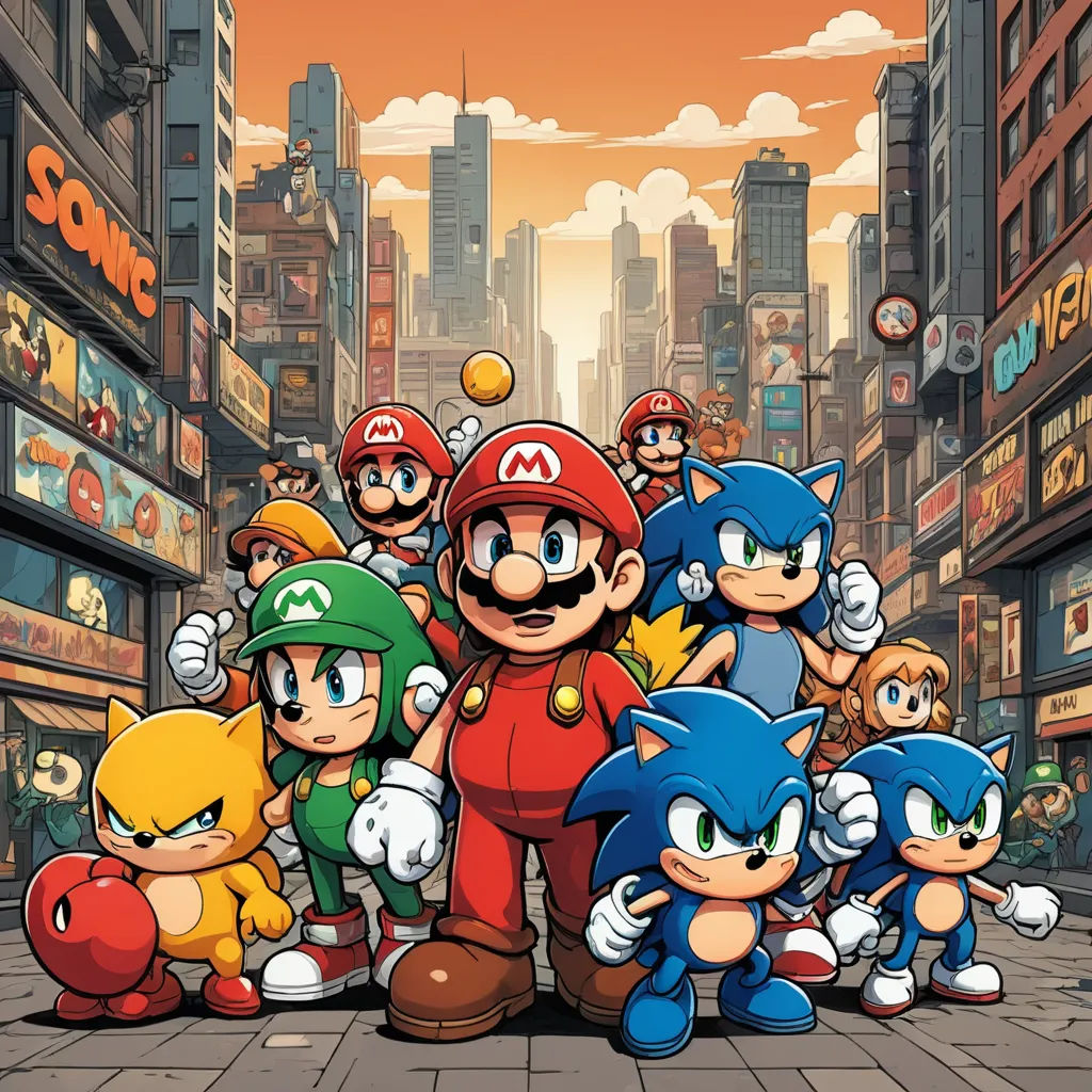 a group of mario and other characters in a city street with a city background and a cartoon character in the foreground, sots art, concept art, Americo Makk, official art