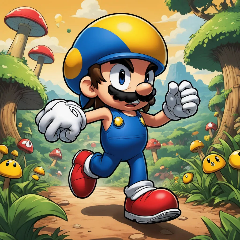 a cartoon character running through a forest with mushrooms and mushrooms on the ground, with a mushroom in the background, sots art, a character portrait, Americo Makk, official art