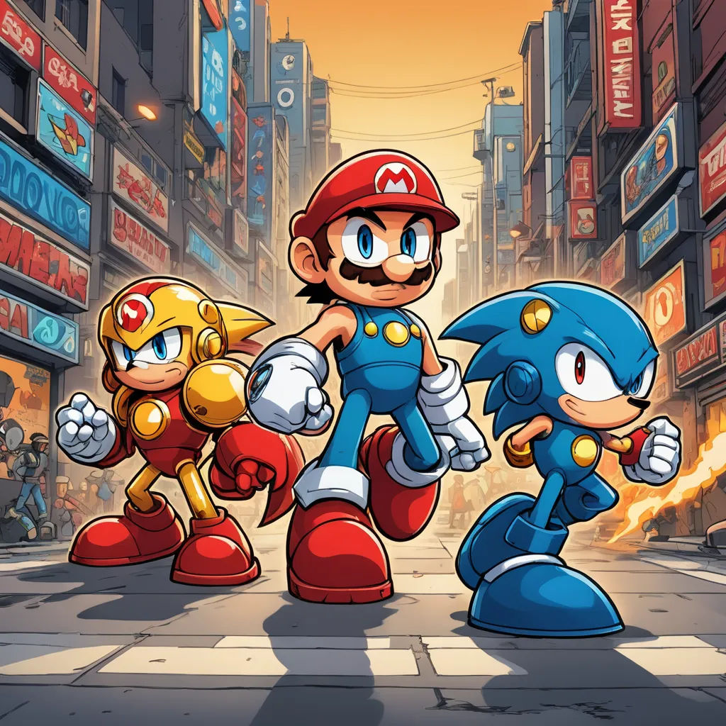 a cartoon of a group of sonic and mario bros characters in a city street with buildings in the background, sots art, concept art, Americo Makk, official art
