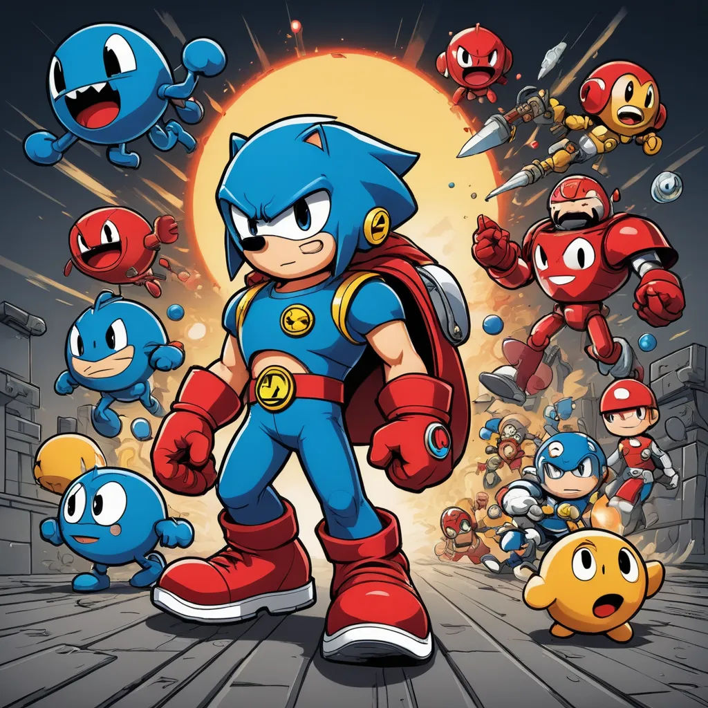 a cartoon character with many different characters around him and the sun in the background, with a background of other characters, sots art, concept art, Adam Rex, official art