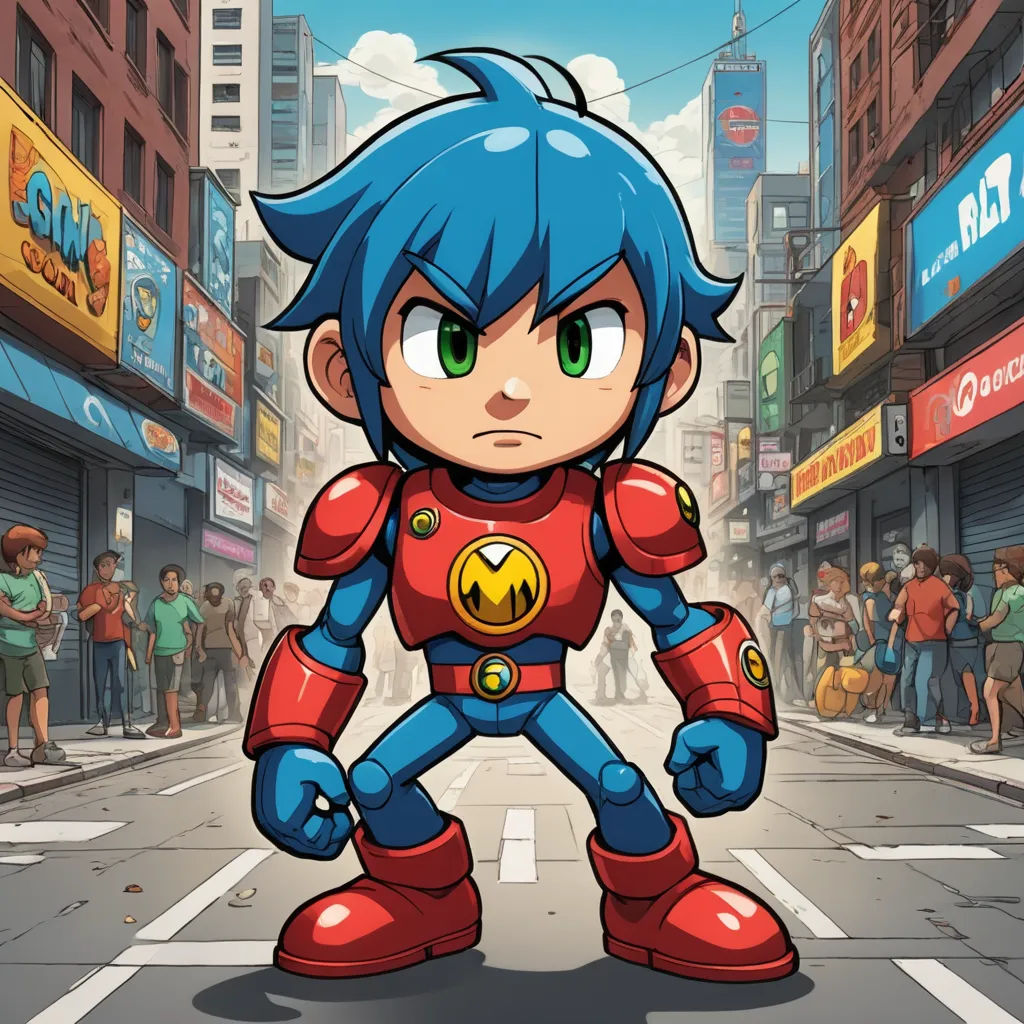 a cartoon character in a city street with people in the background and a city street with people in the background, lyco art, a character portrait, Adam Manyoki, 2 d game art