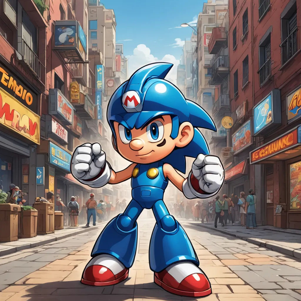 a cartoon character in a city street with buildings and people in the background, with a mario on the street, sots art, concept art, Eddie Mendoza, official art